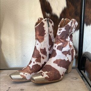 BEAST FASHION Brown and White Cow Print Ankle Boots